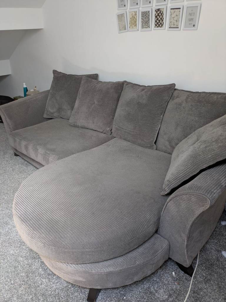 Large Grey Corduroy Corner Sofa with Chaise – Good Condition