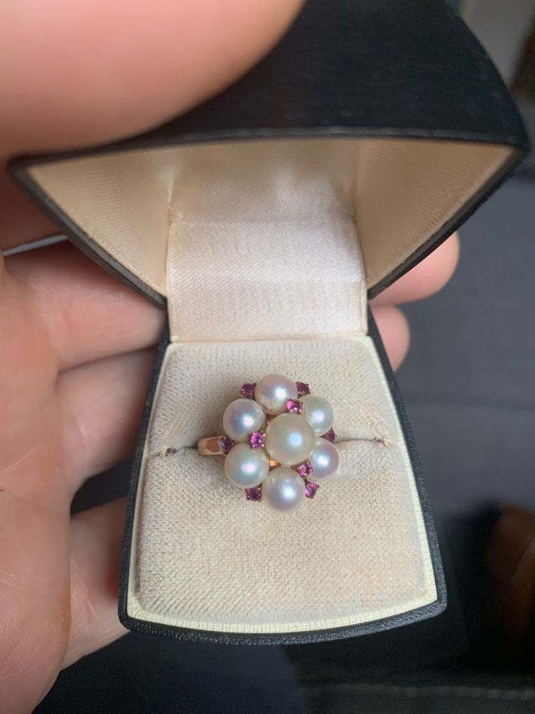 Vintage 14k pearl and ruby cluster ring