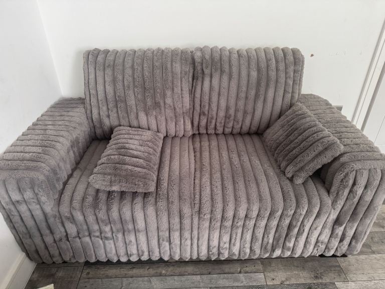 Cosy Grey Corduroy Sofa Set – Good Condition