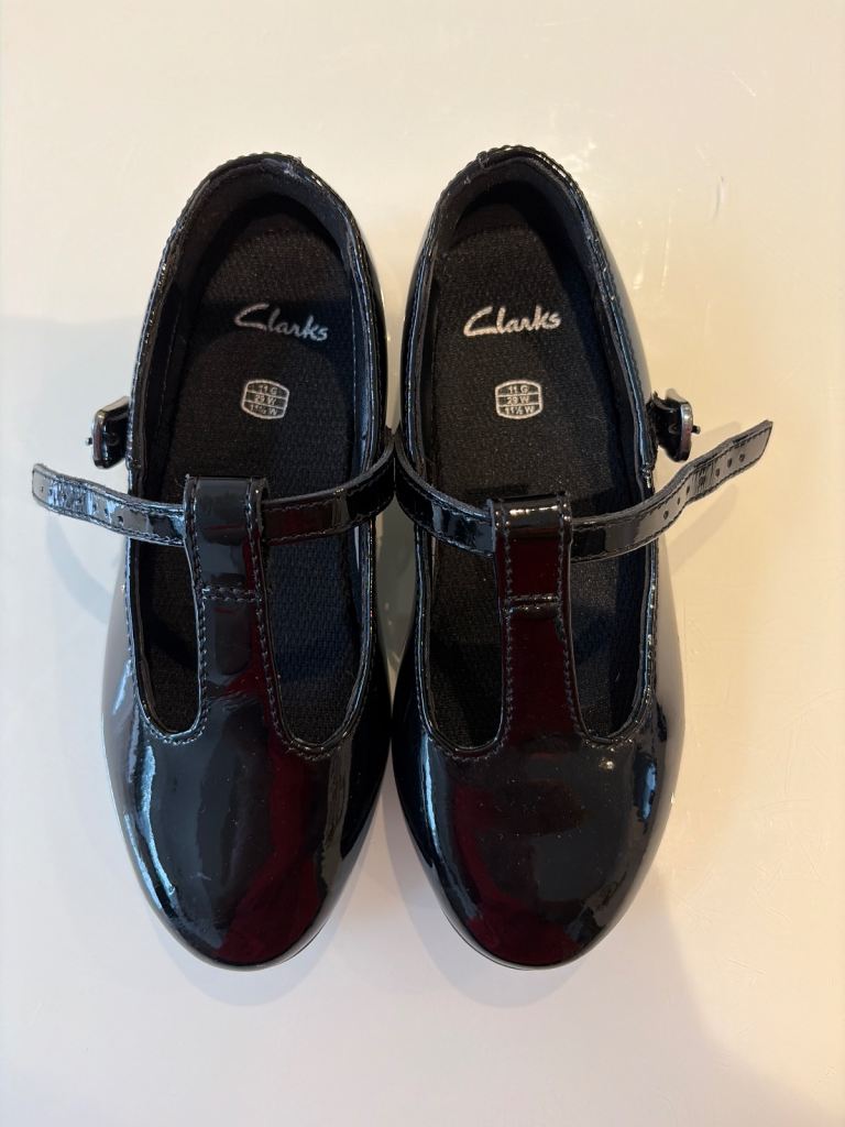 Clarks Black Patent Girl’s School Shoes – Size 11 G, Brand New