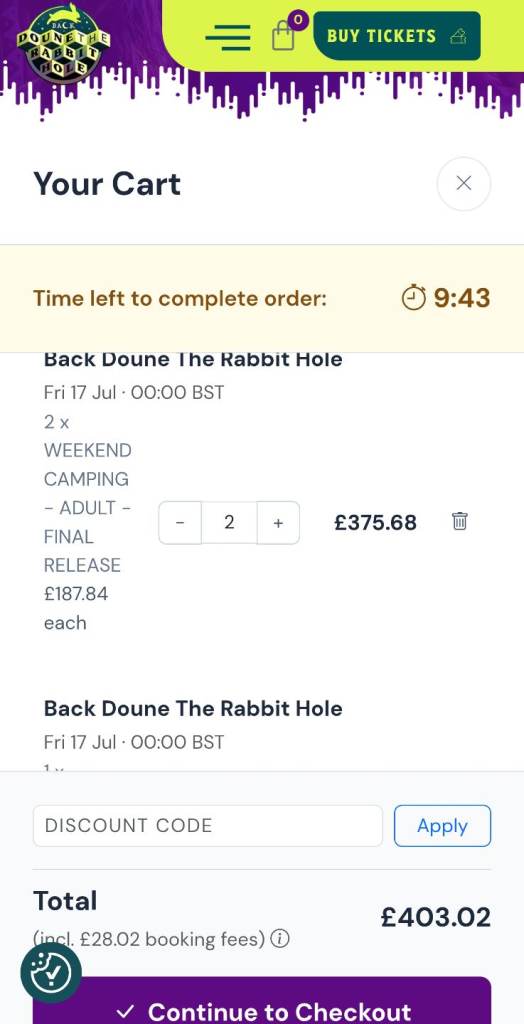 2x Adult Full Weekend Camping tickets with car park weekend entry to Back Doune the Rabbit Hole 