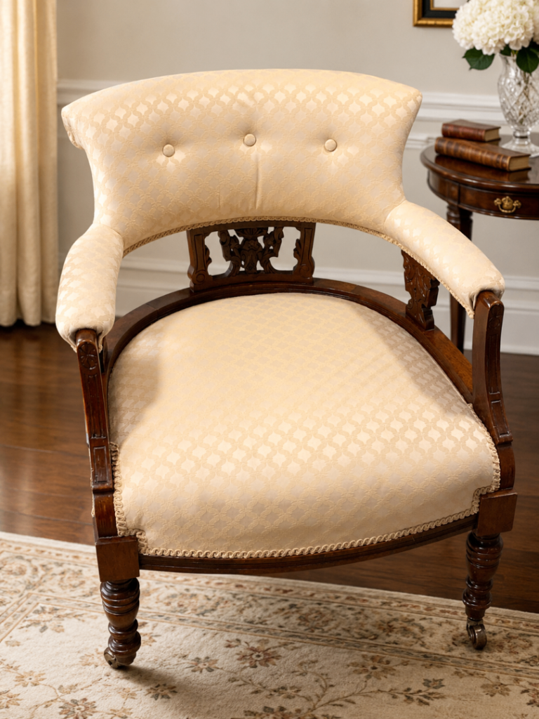 Antique Victorian Carved Mahogany Tub Armchair with Cream Upholstery
