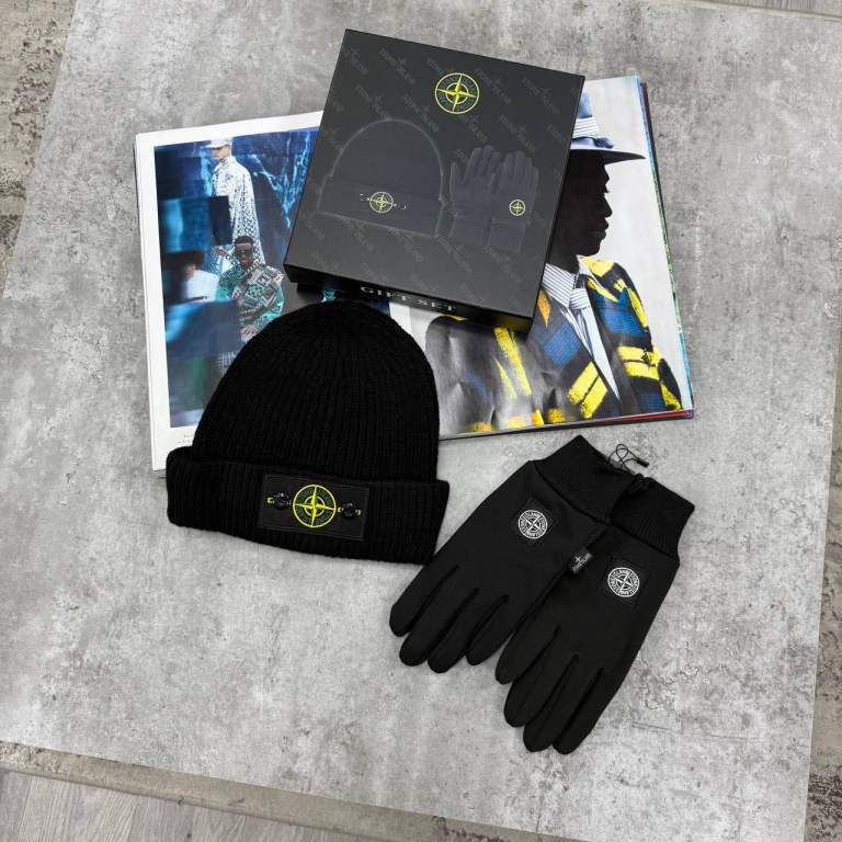 Stone Island Beanie Hat and Gloves Set – Black