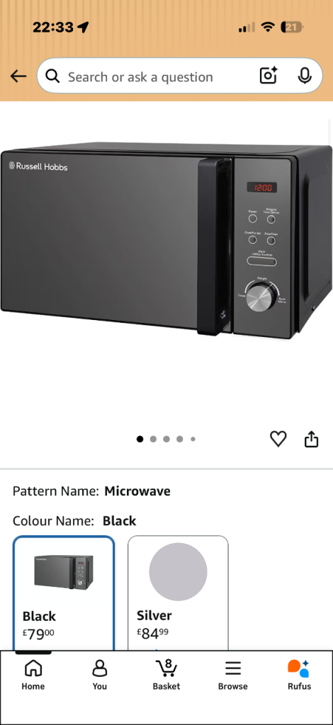 Russell Hobbs Black Digital Microwave – 20L, 800W, Good Condition