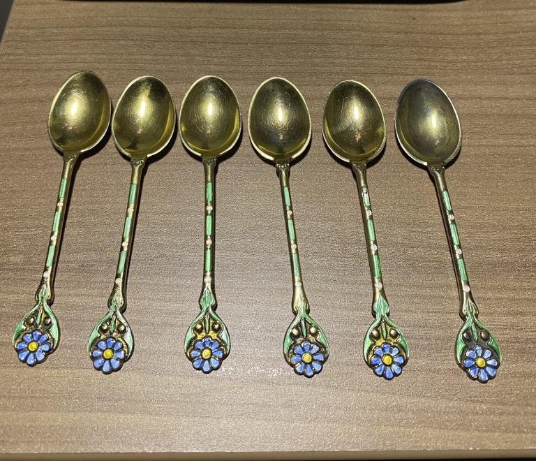 Silver Enamel Tea Spoons 1948 Gold plate