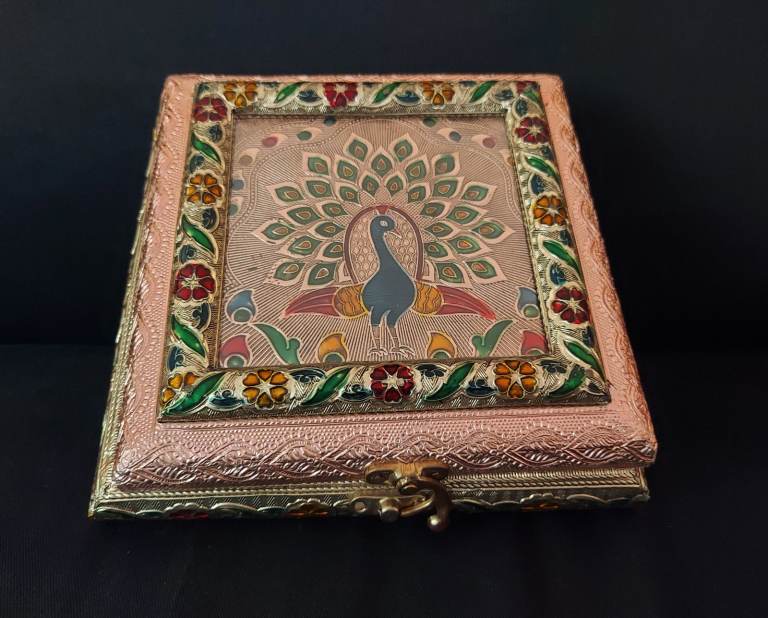 peacock design dry fruit box rose gold colour