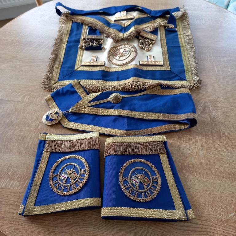 Masonic Regalia Set - Blue and Gold Apron, Collar, and Cuffs and other accessories.
