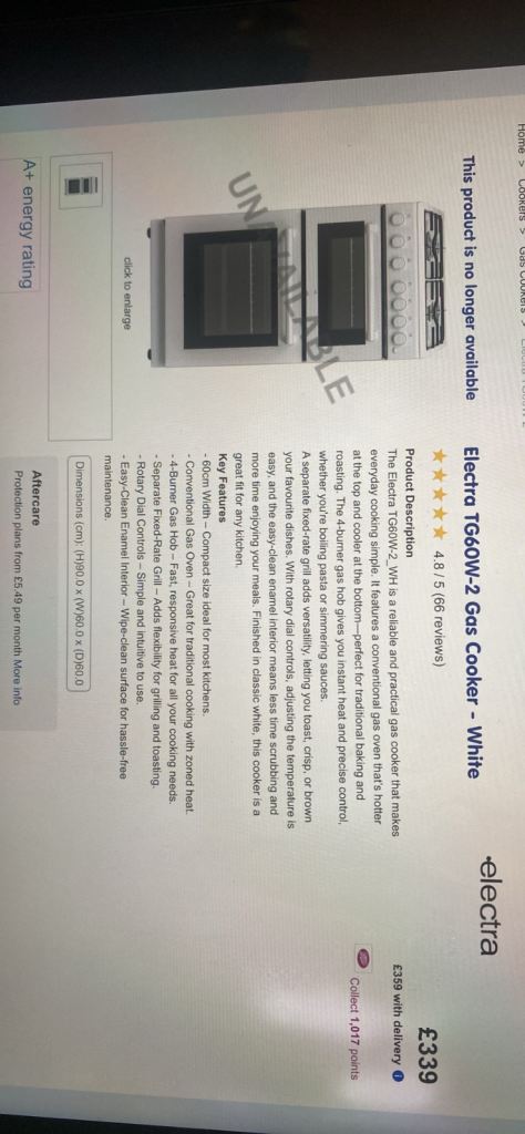 Electra TG60W-2 Gas Cooker - White, brand new, still in wrapping