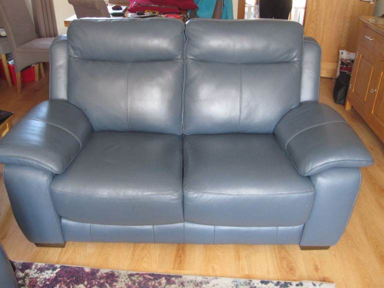 three seater and two seater blue leather sofas