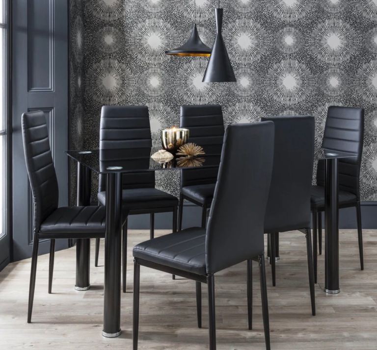 Glass Dining Table Set - 6 Seater - Black Faux Leather Chairs