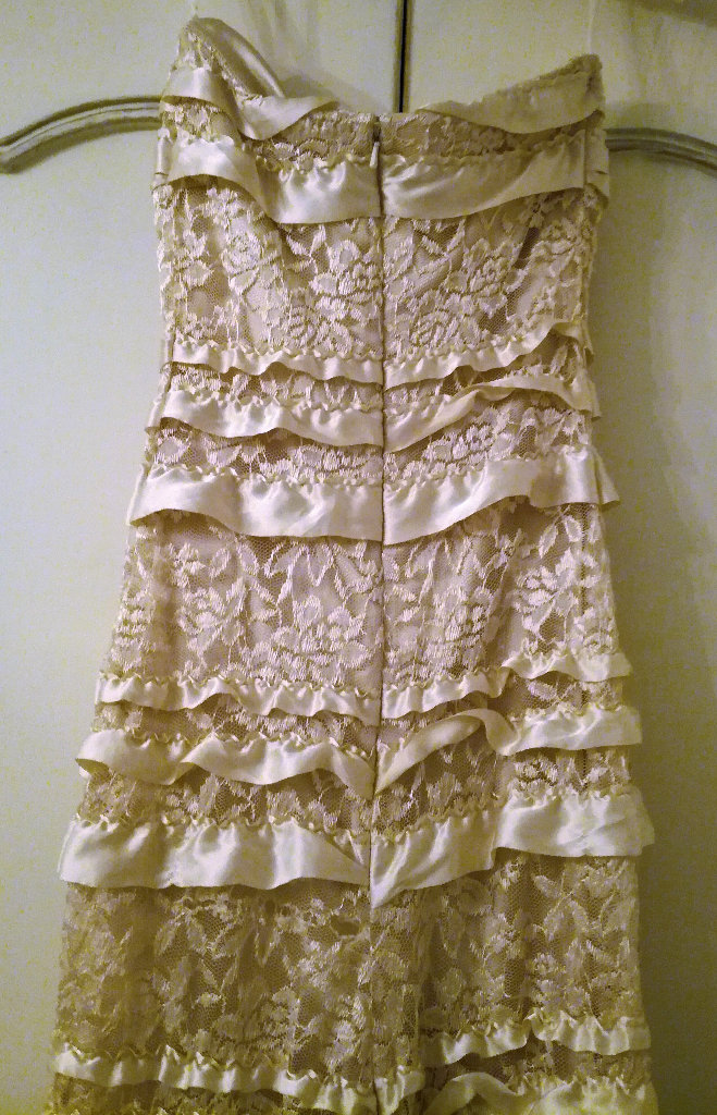 NEW JESSICA McCLINTOCK LACE DRESS Embellished Gold Satin Lined Ribbon Strapless Maxi Long Gown PROM