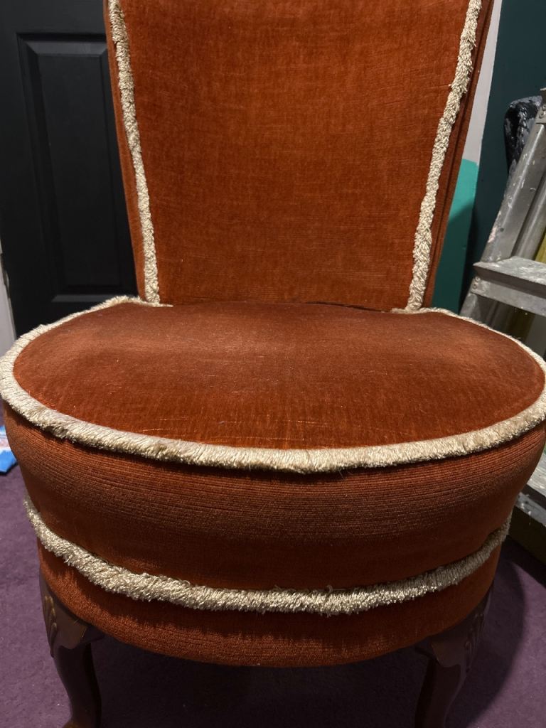 Needs gone or will be thrown Vintage nursing Orange Chair with Fringed Trim retails for over £100 
