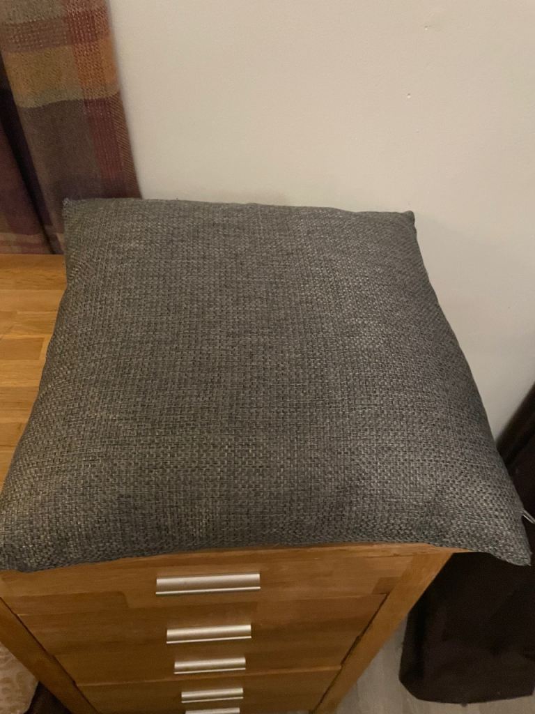 Grey cushion, feather filler.