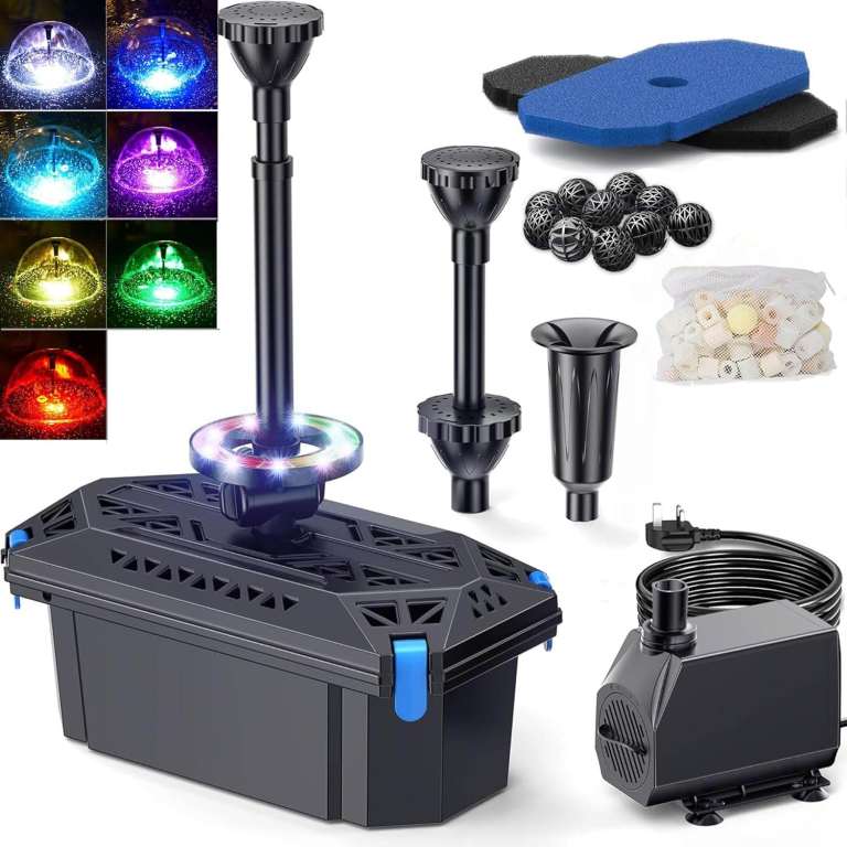 Biling 2500L/H Pond Filter Fountain Pump RGB LED Lights 3 Nozzles UK Plug
