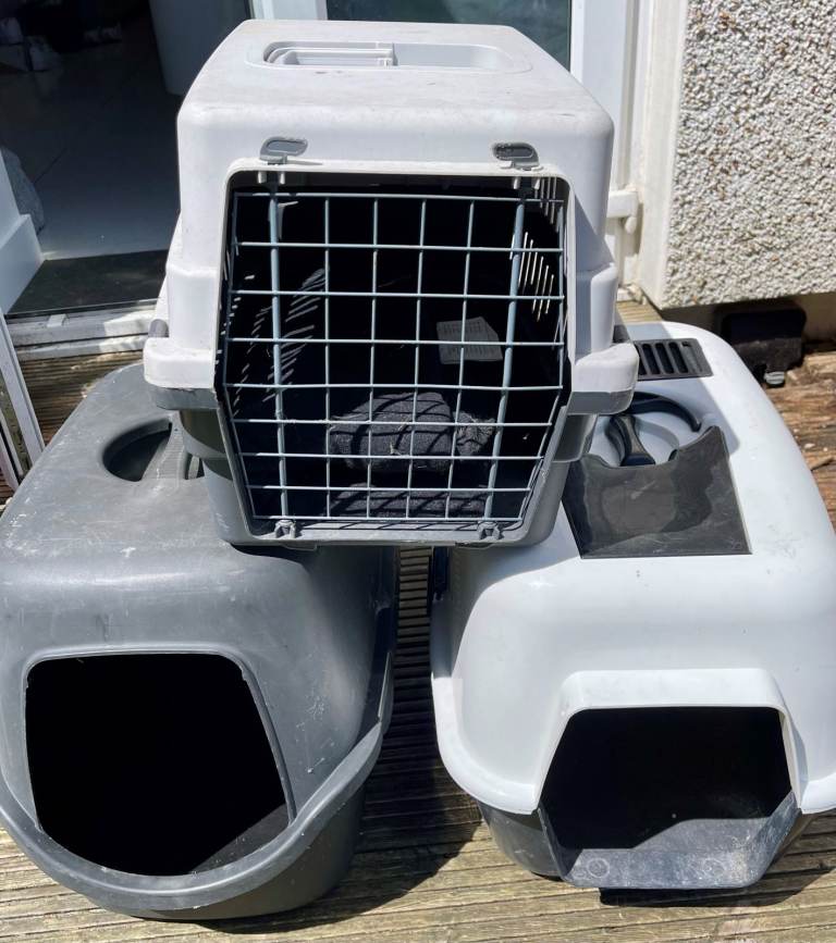 Large cat carrier & 2 covered litter trays.