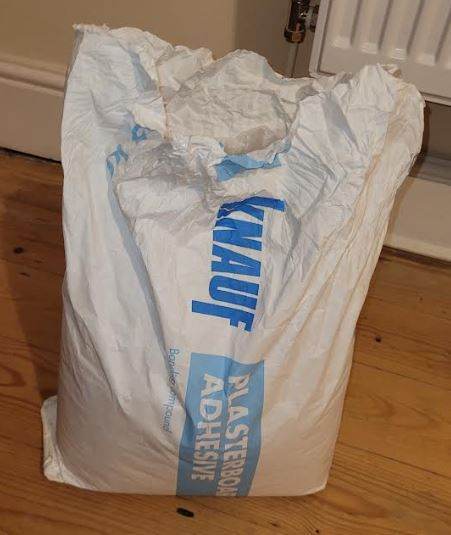 Opened sack of Knauf Gypsum Based Plasterboard Adhesive