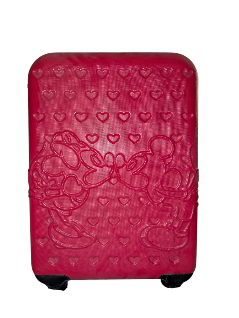 Disney Mickey and Minnie Mouse pink hard-shell carry-on suitcase. 