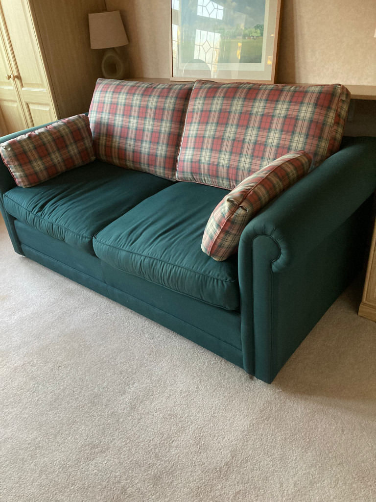 Double Seater Sofa Bed 6ft x 4ft Forest Green with Check Cushions - GREAT PRICE