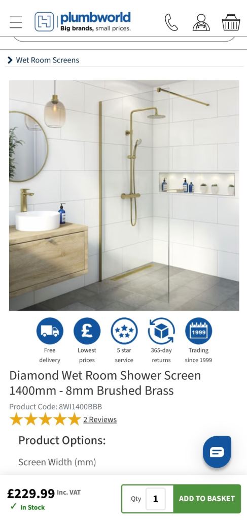 Shower screen 1400 wide x 1950 high 