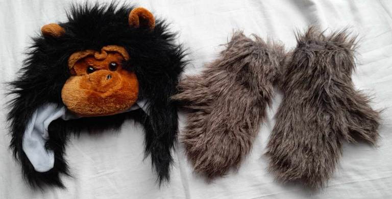 image for Monkey hat and furry gloves, fit older child / adult female £2 each