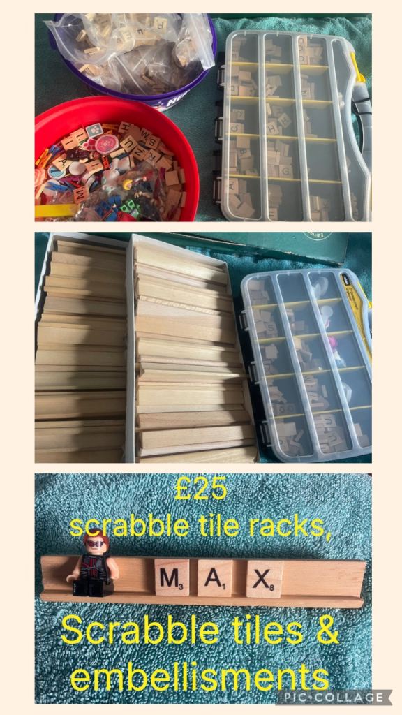 Craft scrabble rack, tiles & embellishments