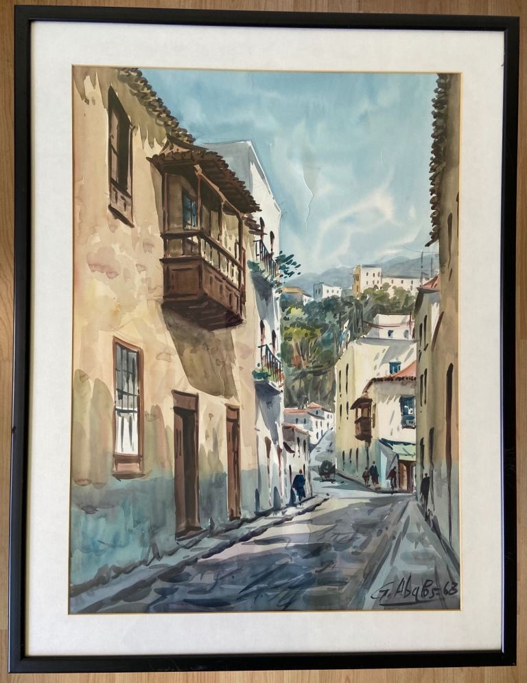 Large, Mid Century, Framed Watercolour of a Spanish, Andalusian street scene.