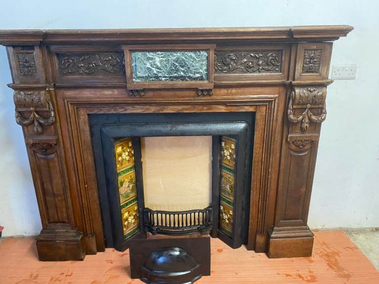 Victorian Oak Fireplace with Insert and Grill