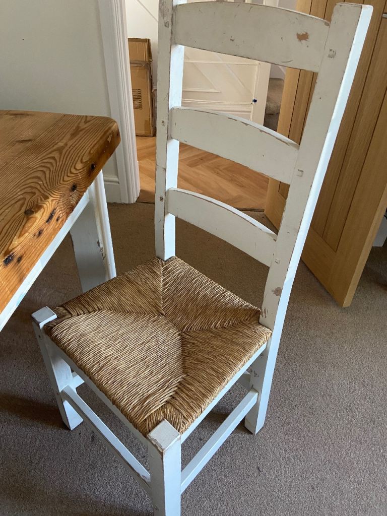 Rustic White Wooden Dining Chairs with Woven Seats – Set of 4     6ft length x 3ft wide 