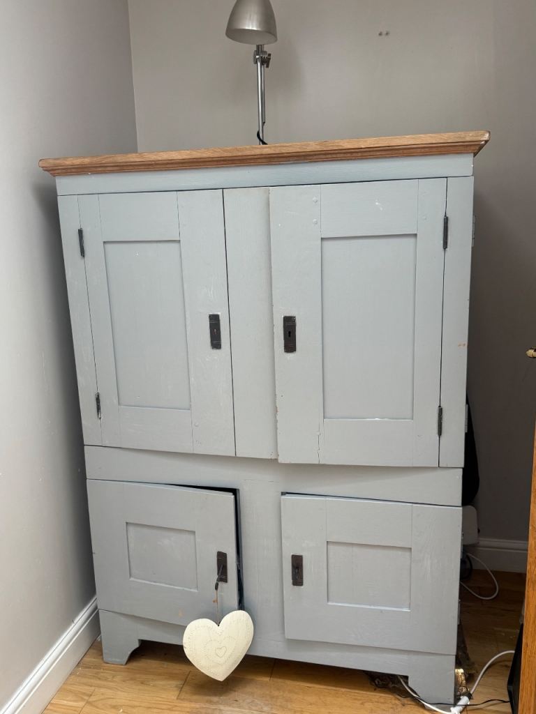 Grey Wooden Storage Cabinet with Natural Wood Top