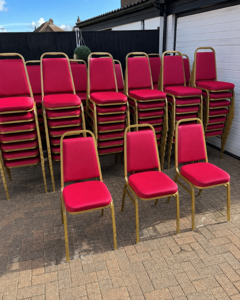 🔥 40 Elegant Red & Gold Stackable Chairs – Perfect for Events, Churches, Restaurants & Halls 🔥