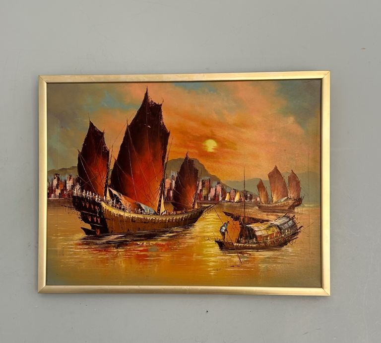 Vintage Original Oil Painting Hong Kong Junks at Sunset  H19in/48cm W25in/64cm Good condition  J218