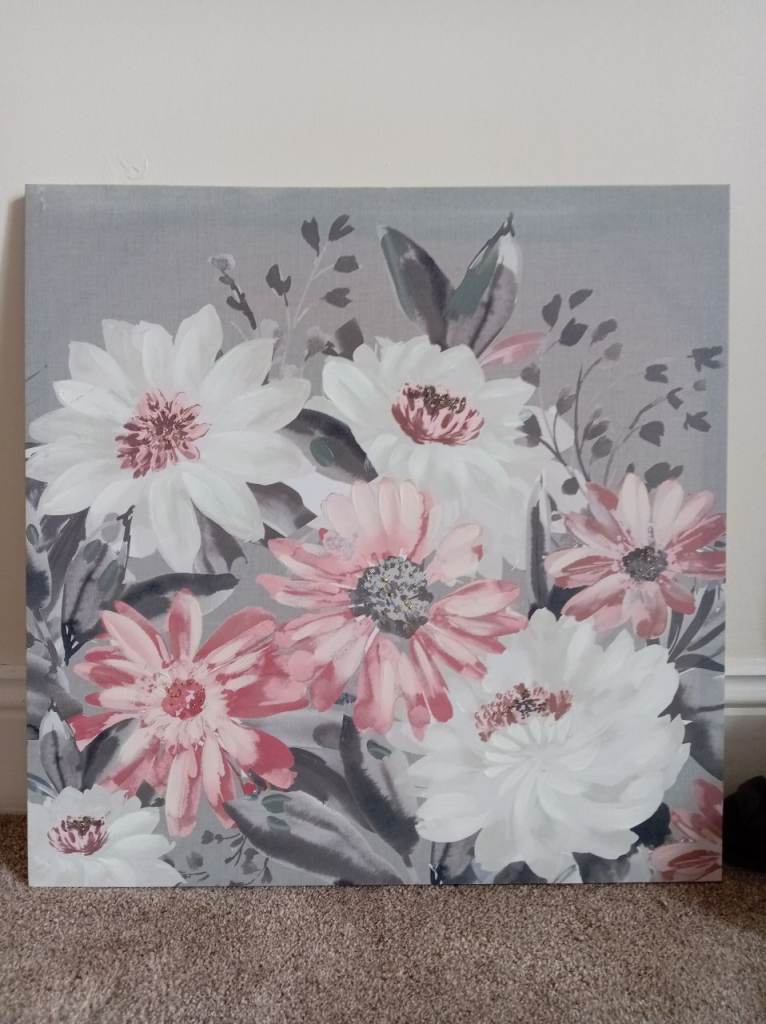 Lovely Floral Canvas Wall Art – Grey, Pink & White