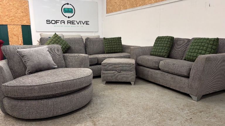 Grey DFS SOPHIA 3&2 seater with matching swivel chair and footstool  DELIVERY AVAILABLE