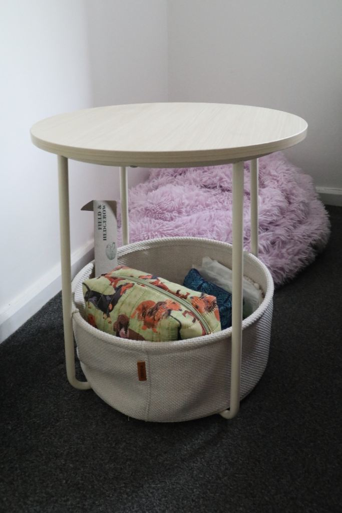 Round Side Table with Storage Basket – White Wood Top, Good Condition