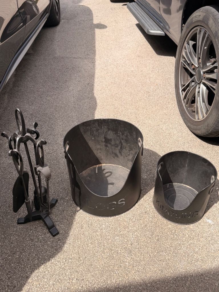 Black Metal Fireplace Log Holders & Tool Set – Good Condition