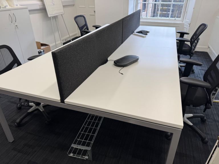 Large White Office Desk with Grey Partition and Cable Tray