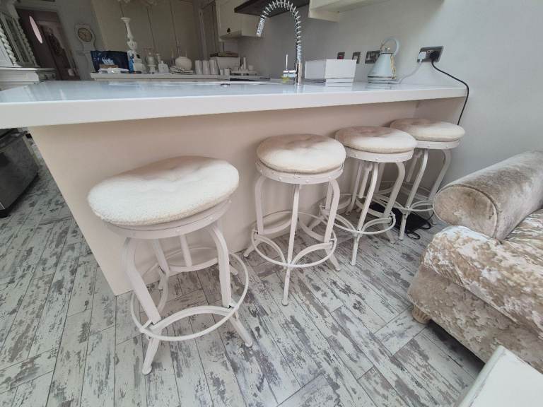 Industrial Style, White Painted Metal and Wooden Bar Stools w/ boucle seat cushions