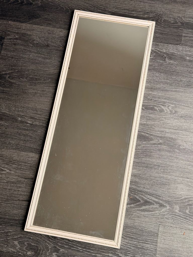 Tall vintage wall hanging mirror white thin ornate hallway passage