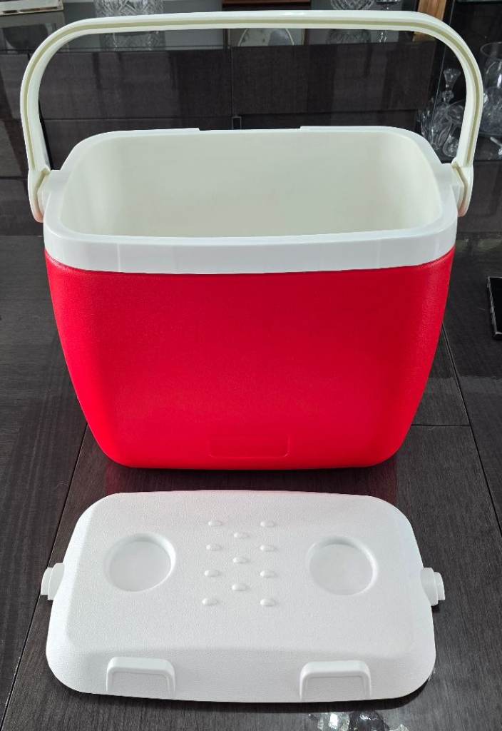 Red and white cool box