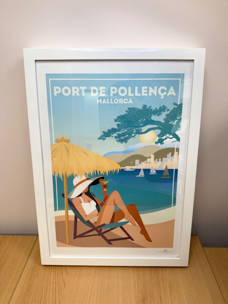 vintage-style travel poster for Port de Pollença, Mallorca in a white frame.