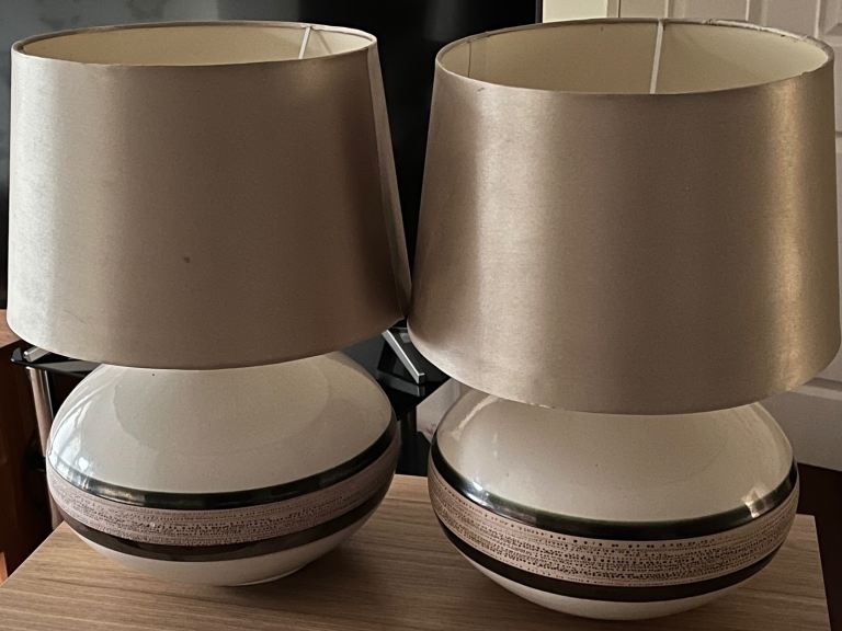 Vintage ~Pair of  Large Matching Brown Lamps Earthenware Base Faux Silk Shade