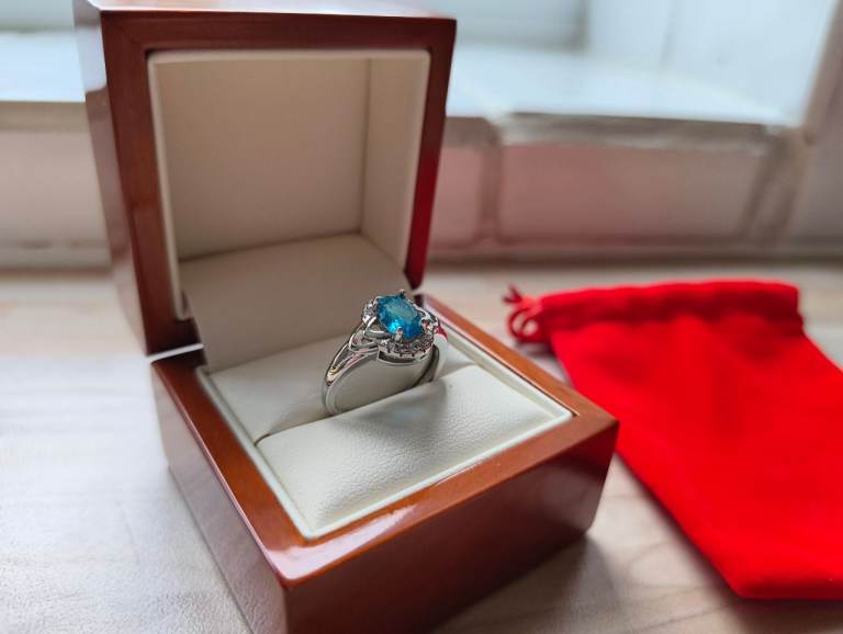 Silver Brilliant Cut Light Blue Stone Ring 