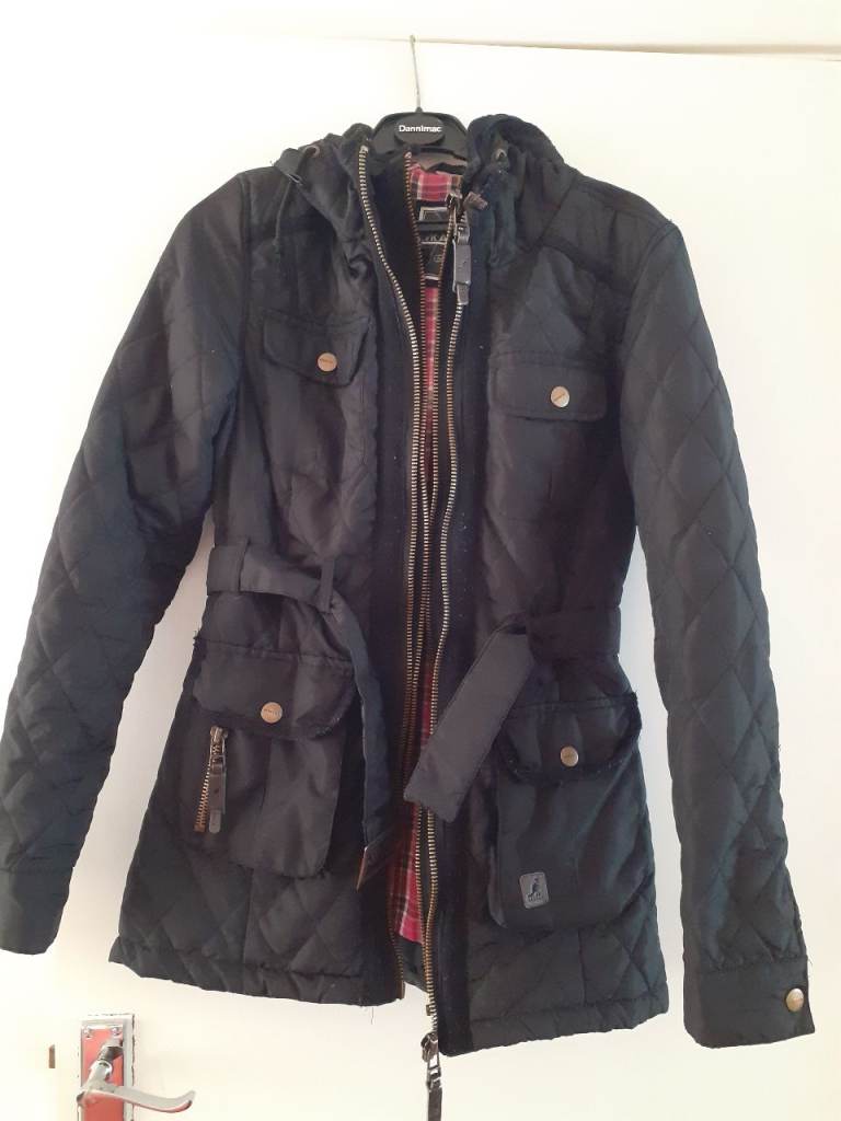 Kangol  Double Zipped  Quilted Coat Size 8 Black  Hooded With belt