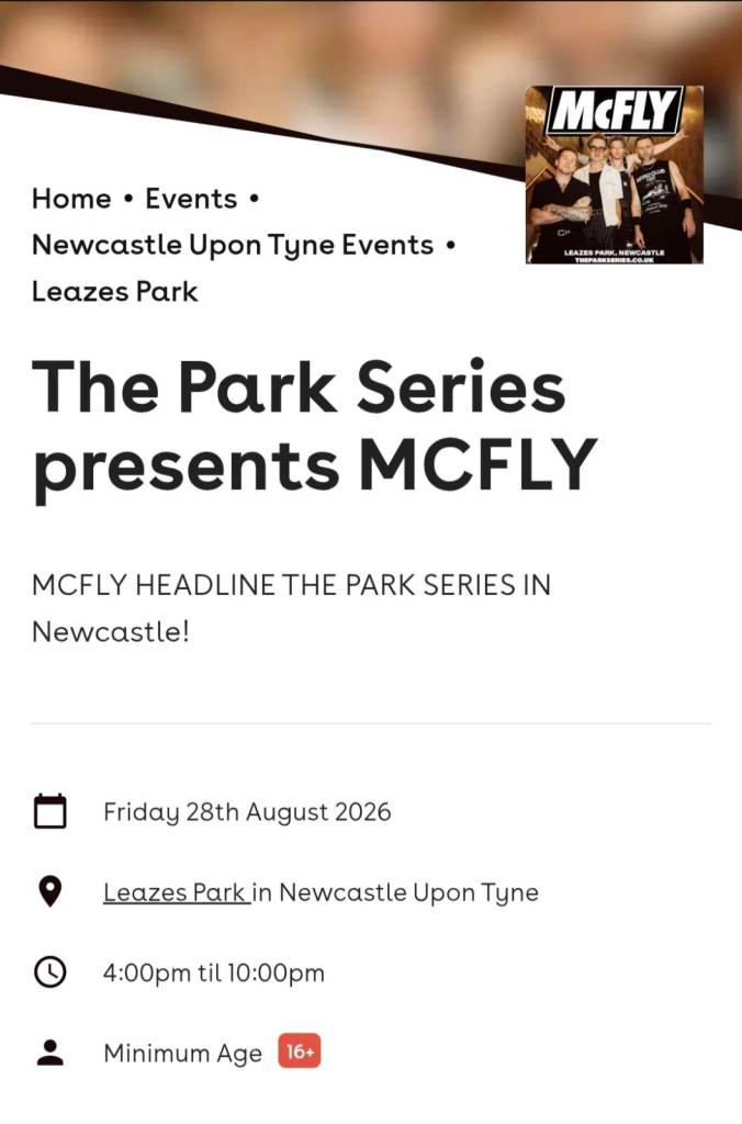 McFly Concert Ticket - The Park Series, Newcastle, August 2026