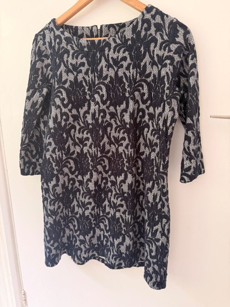 White Stuff Textured Leaf Print Shift Dress - 3/4 Sleeve UK 12