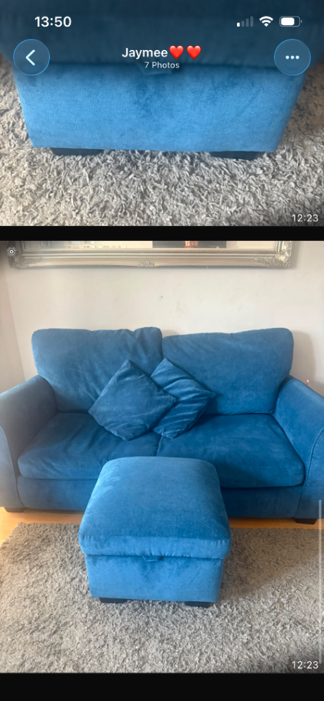 Blue Fabric Sofa and Footstool – Good Condition