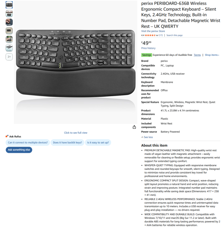 PERIBOARD-636B Wireless Ergonomic Compact Keyboard – Silent Keys|| Brand new 50% off price 