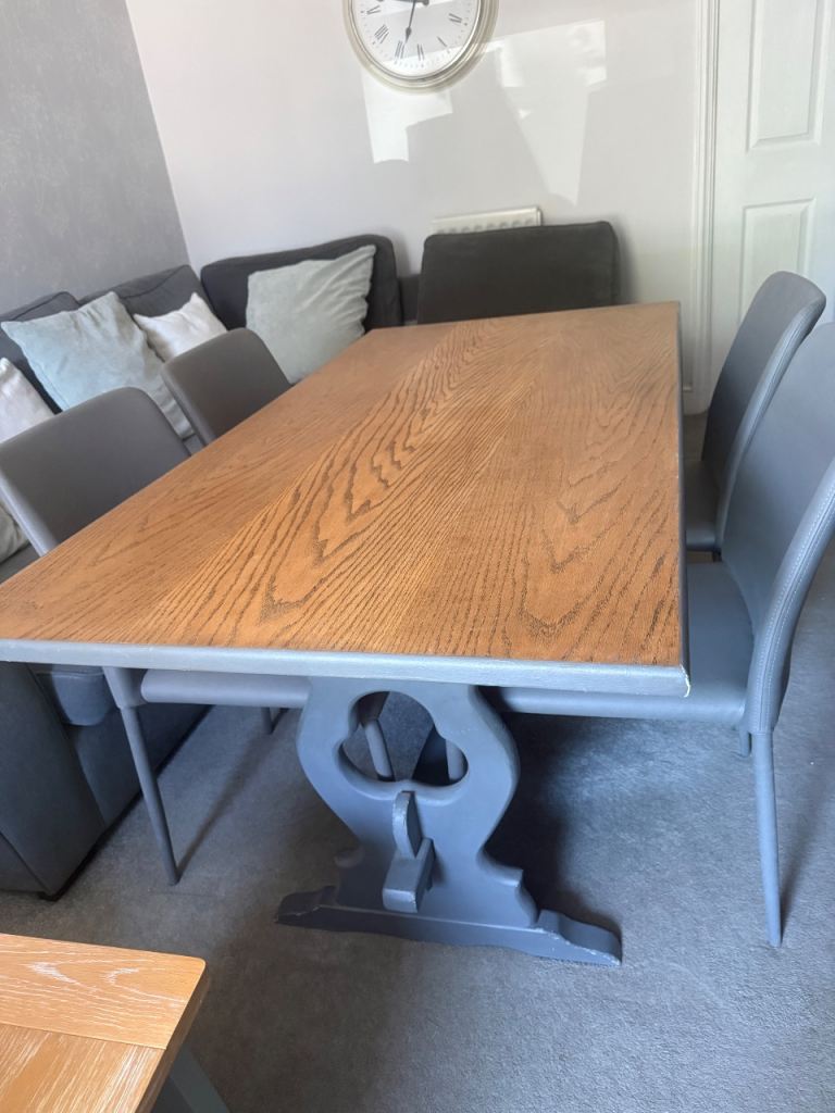 Solid Wood Dining Table with Grey Chairs – Good Condition