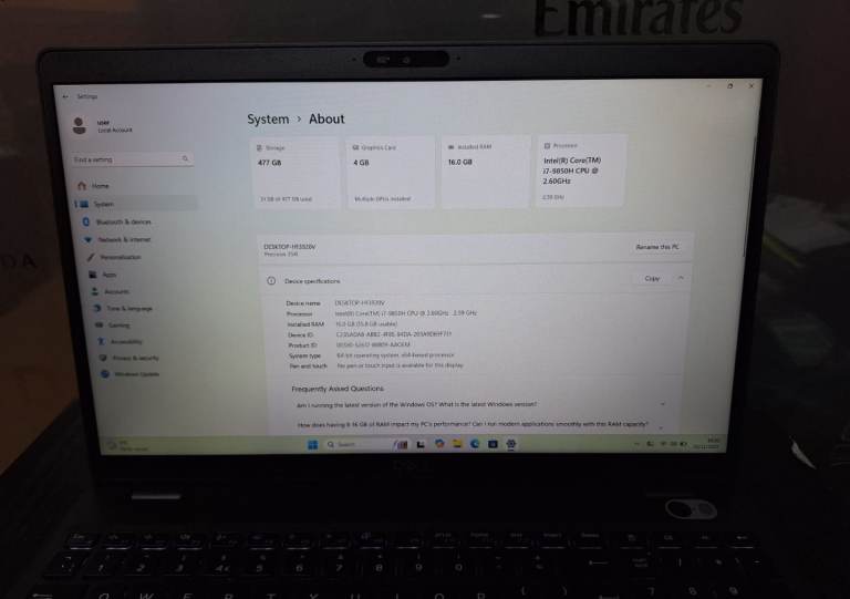 Dell Precision 3541,15 Inch ,Intel Core i7,  16GB RAM ,477GB SSD ,W11 Pro