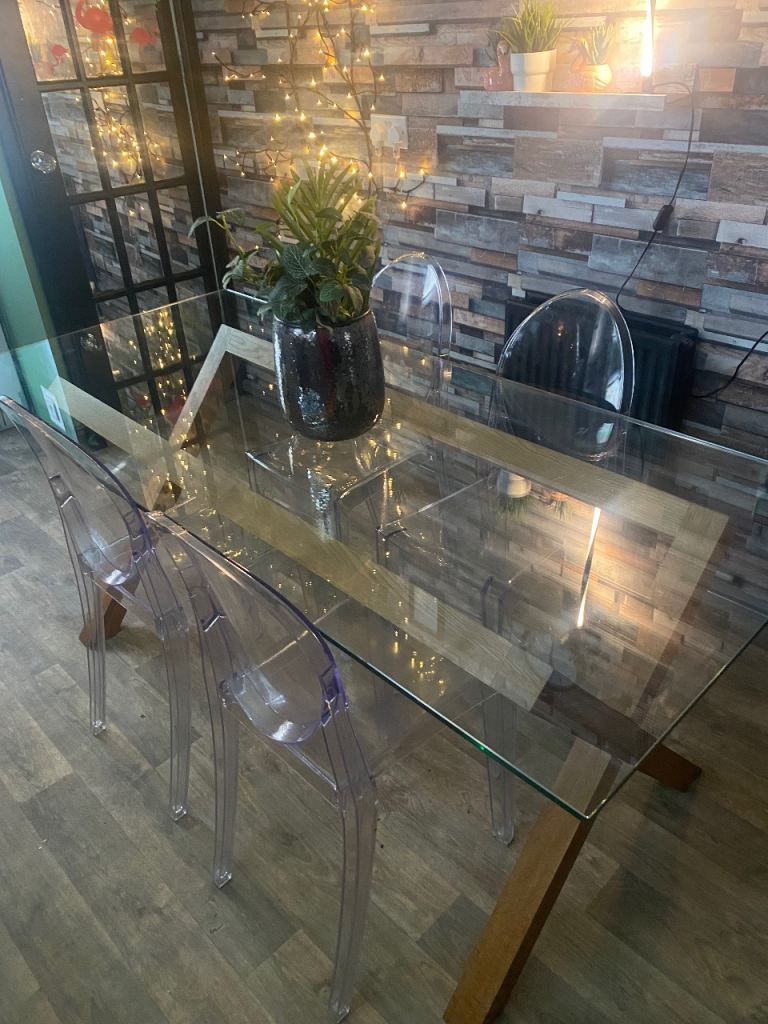Glass Dining Table with Wooden Base and 4 Clear Chairs